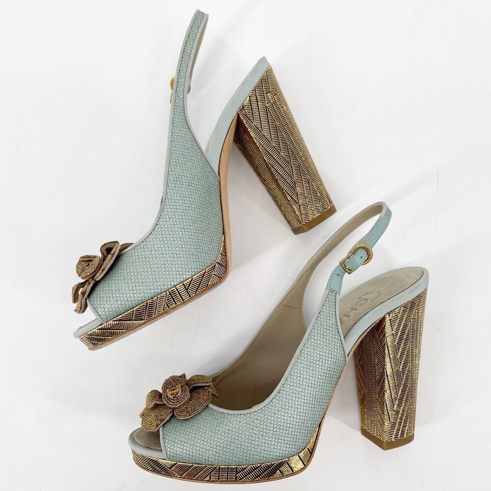 Chanel Cruise 2013 Metallic Gold Teal Satin Camellia Flower Slingback Heels 36C - Picture 4 of 13